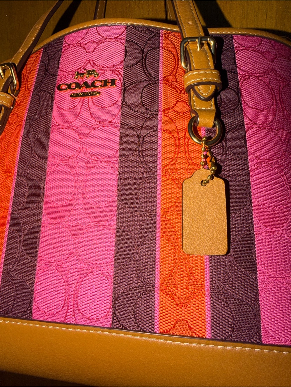 Coach Mollie 25 Pink and Orange Stripe Satchel with Tan Trim - Picture 16 of 16